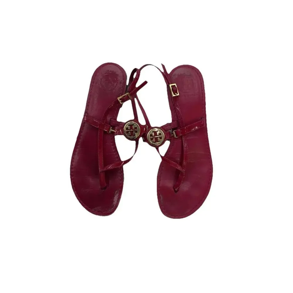 Tory Burch Deep Pink Dillan Sandals Thong With Gold Logo‎ Size us 8 H72